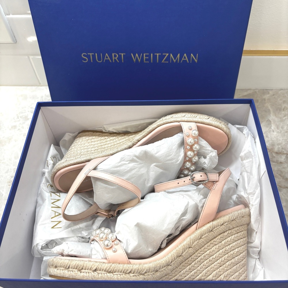 Stuart Weitzman Goldie Espadrille Wedge Sandals 9B Rosewater Pink, Pearl NWT Box - Picture 3 of 7